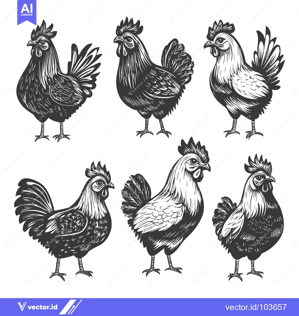 Premium Vector dari Six Detailed Black and White Rooster Illustrations