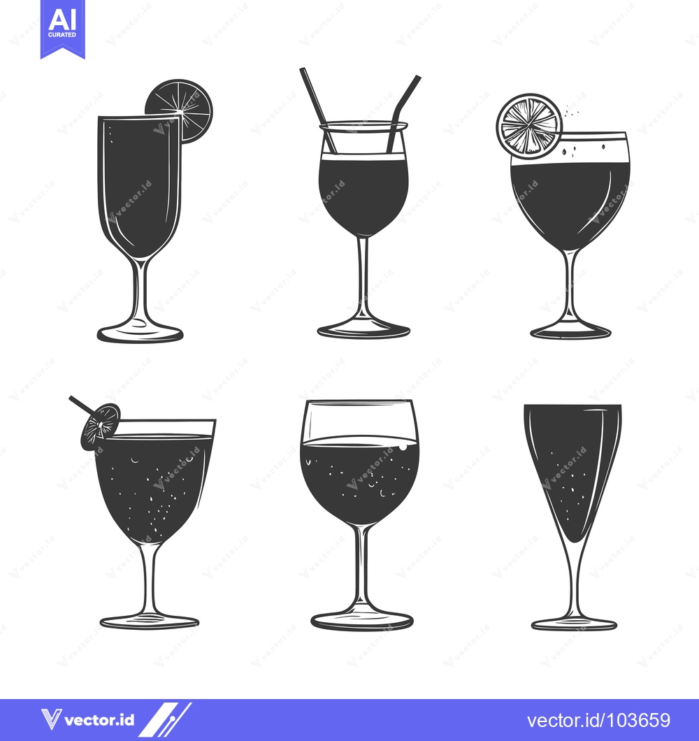 Premium Vector of Six Different Cocktail Glasses with Drink and Garnishes