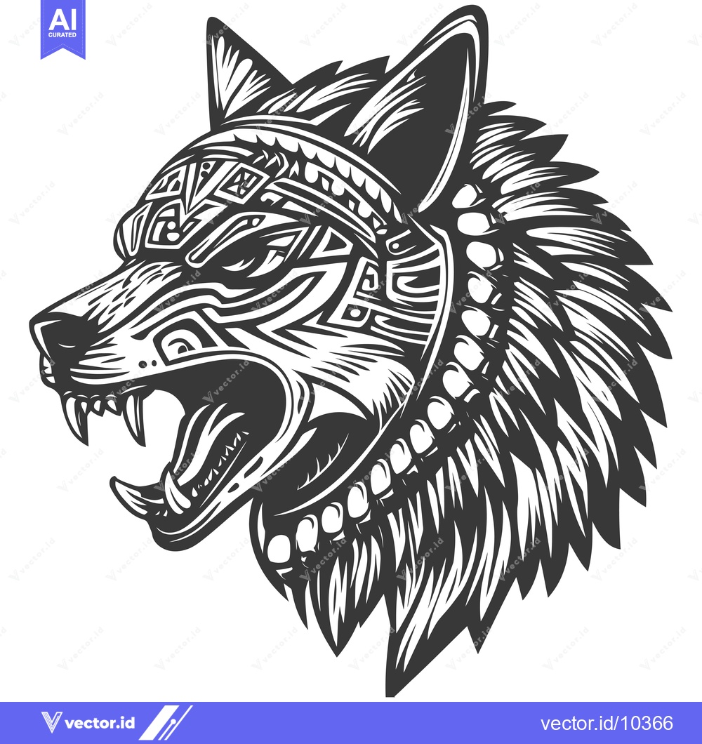Premium Vector dari A black and white illustration of a snarling wolf with tribal patterns