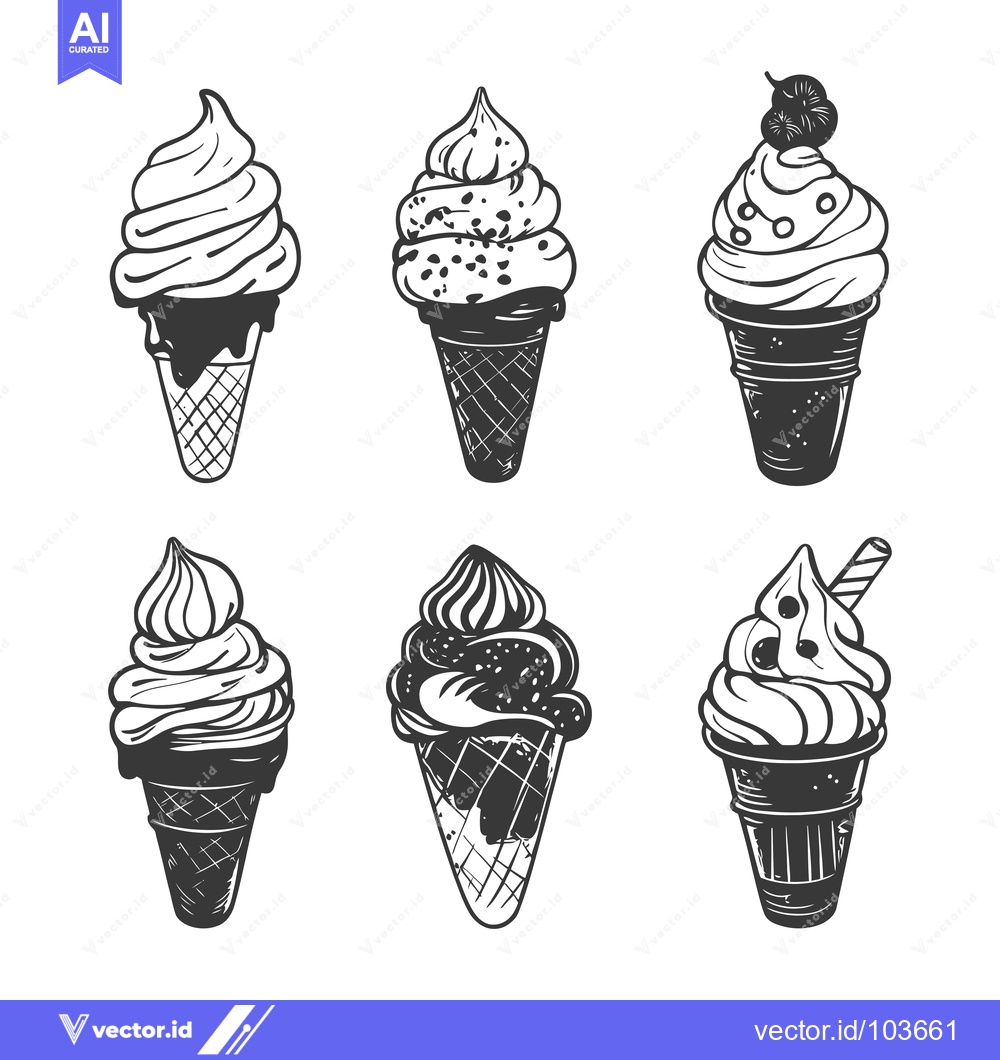 Premium Vector dari Six Different Hand Drawn Ice Cream Cones with Various Toppings
