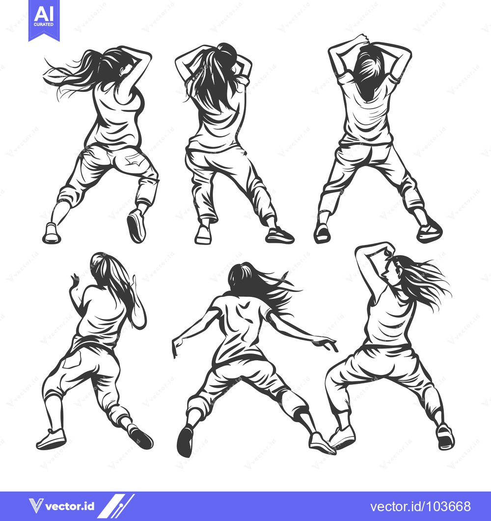Premium Vector of Six Female Figures in Dynamic Poses with Hair Flowing in the Wind