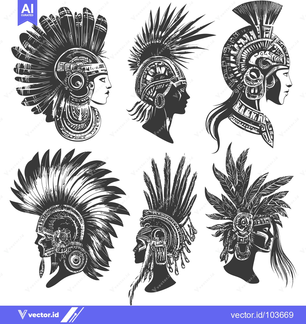Premium Vector dari Six Female Figures in Profile Wearing Elaborate Feathered Headdresses