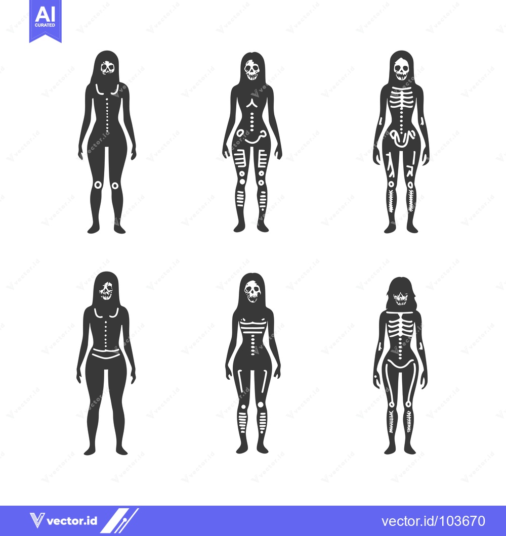 Premium Vector dari Six Female Figures With Skull Faces and Visible Bones