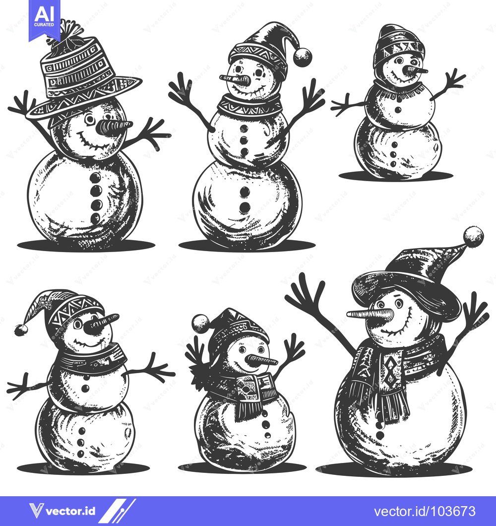 Premium Vector of Six Festive Snowmen with Hats and Scarves