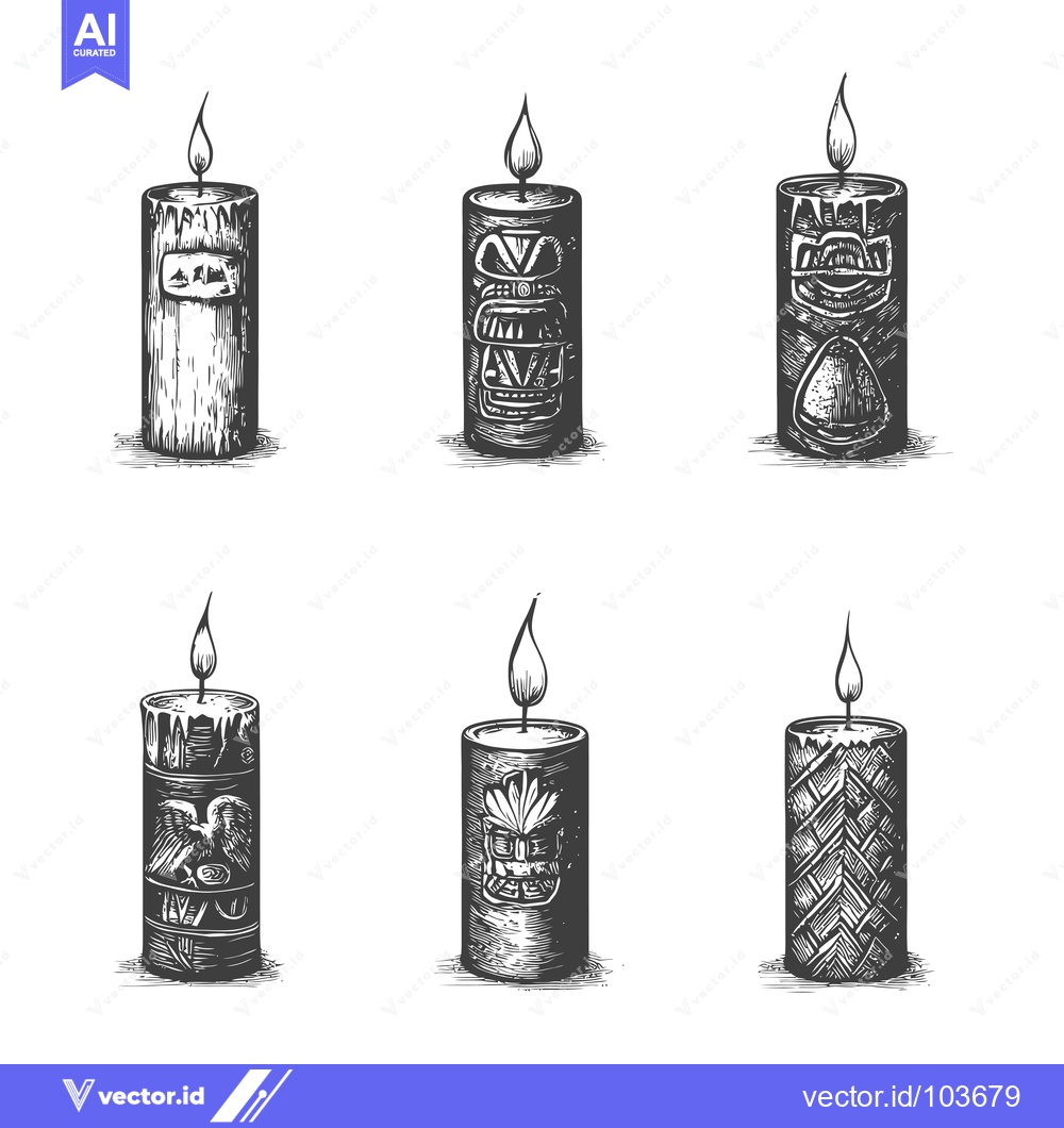 Premium Vector dari Six Hand-Drawn Candles with Carved Designs