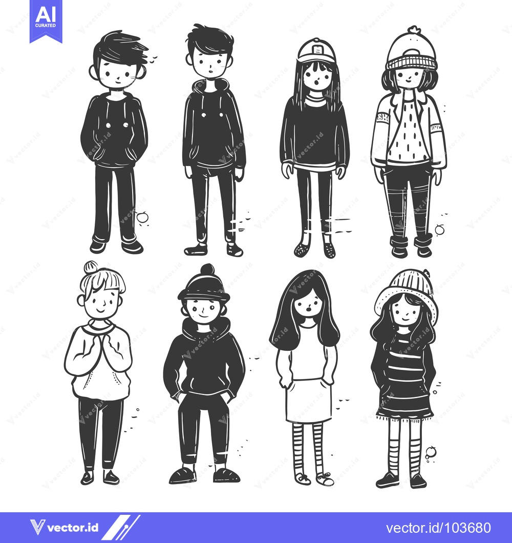 Premium Vector dari Six Hand-Drawn Cartoon Characters in Various Outfits