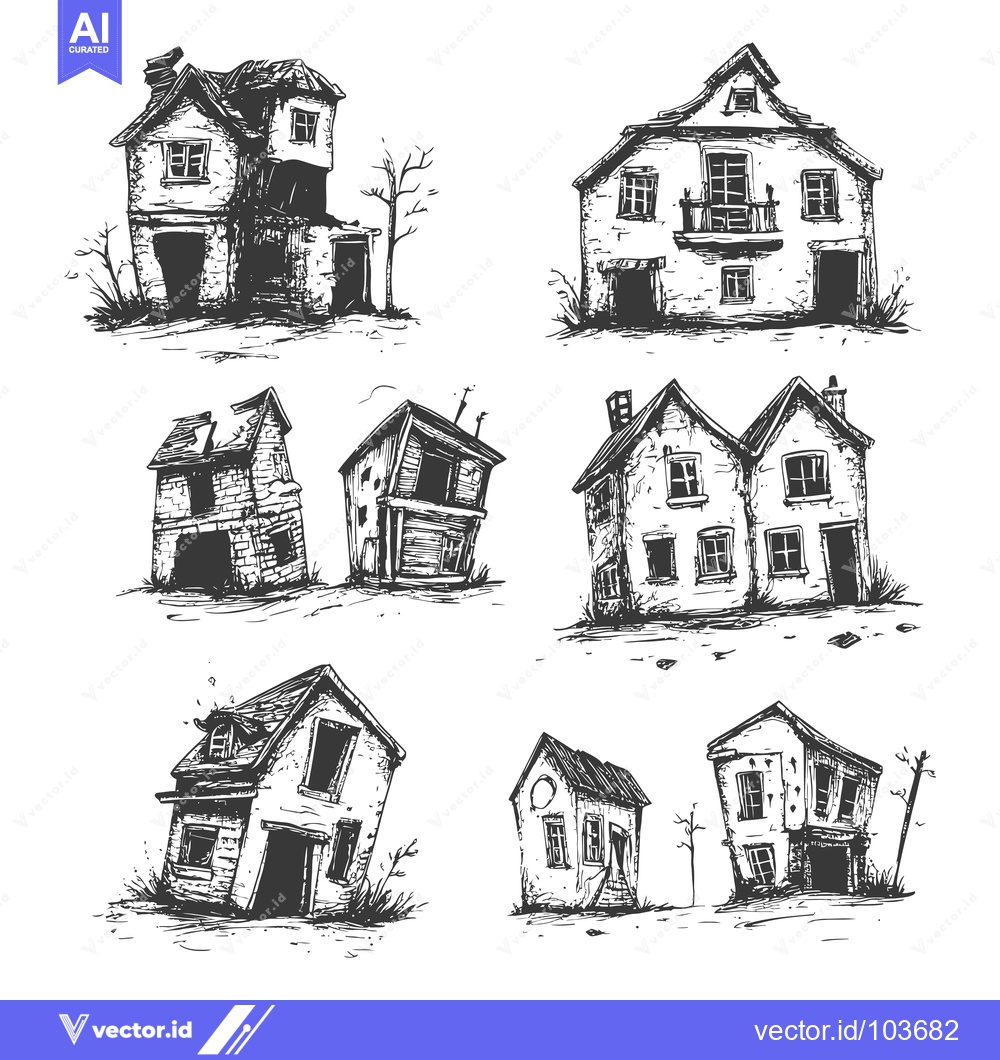 Premium Vector dari Six Hand-Drawn Sketches of Distressed and Abandoned Houses