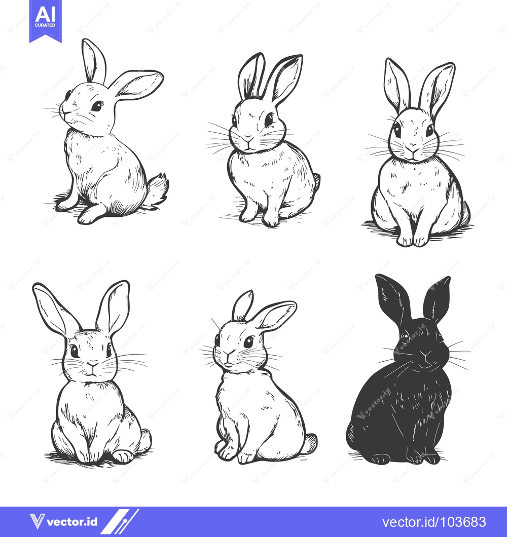 Premium Vector of Six Hand-Drawn Sketches of Sitting Rabbits in Various Poses