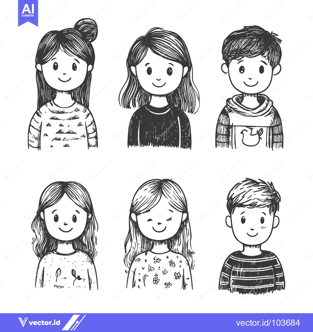 Premium Vector dari Six Hand-Drawn Sketches of Smiling Children with Different Hairstyles