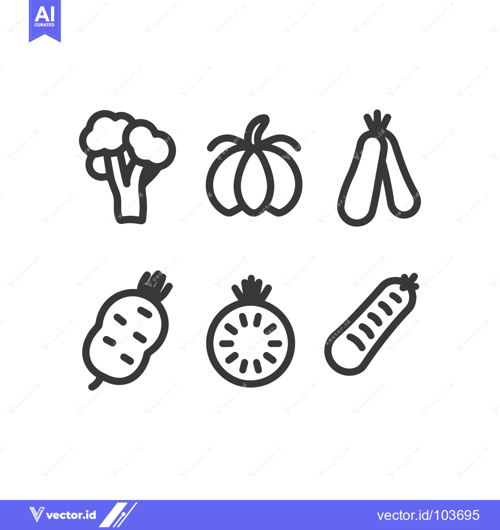 Premium Vector of Six Line Drawings of Vegetables: Broccoli, Pumpkin, Pear, Potato, Toma