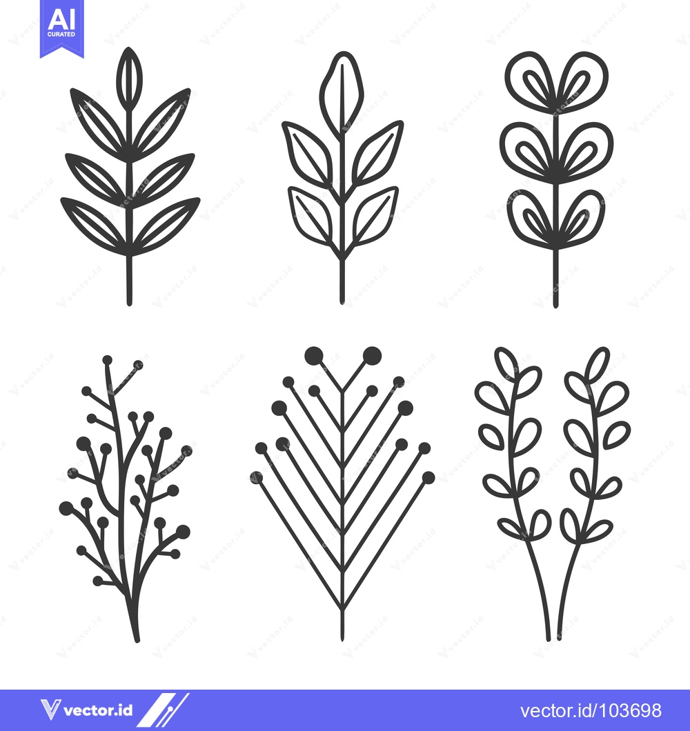 Premium Vector of Six Minimalist Line Drawings of Plants with Leaves and Stems