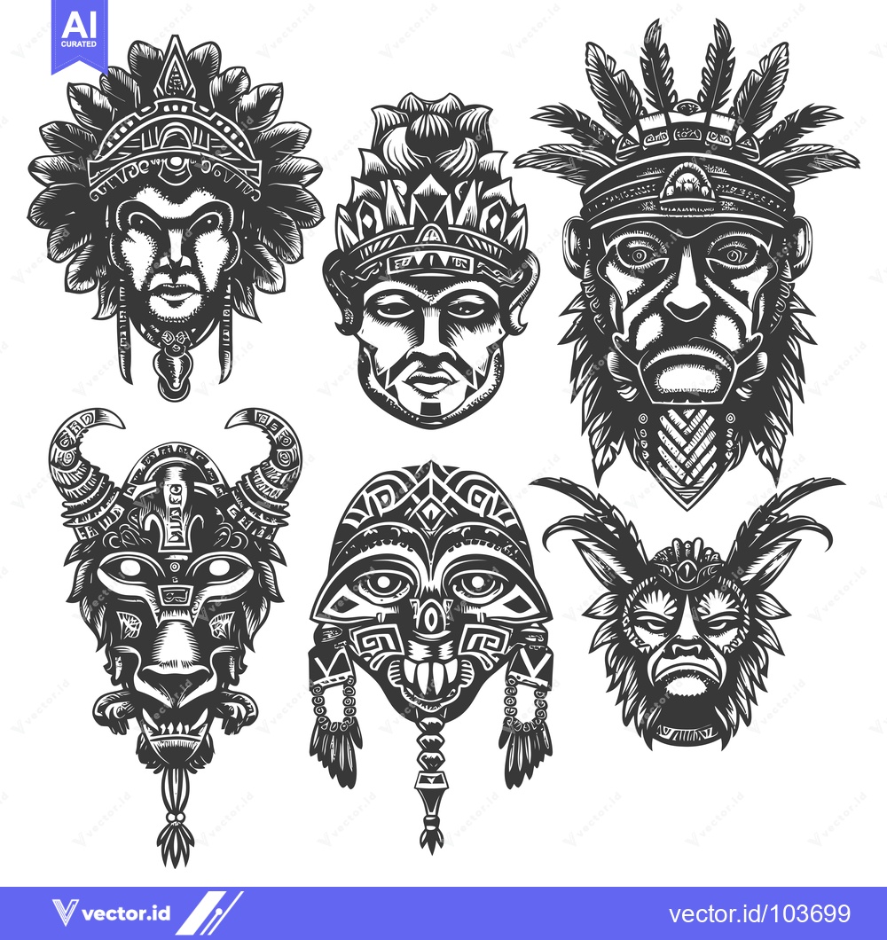 Premium Vector dari Six Monochromatic Tribal Masks With Intricate Details