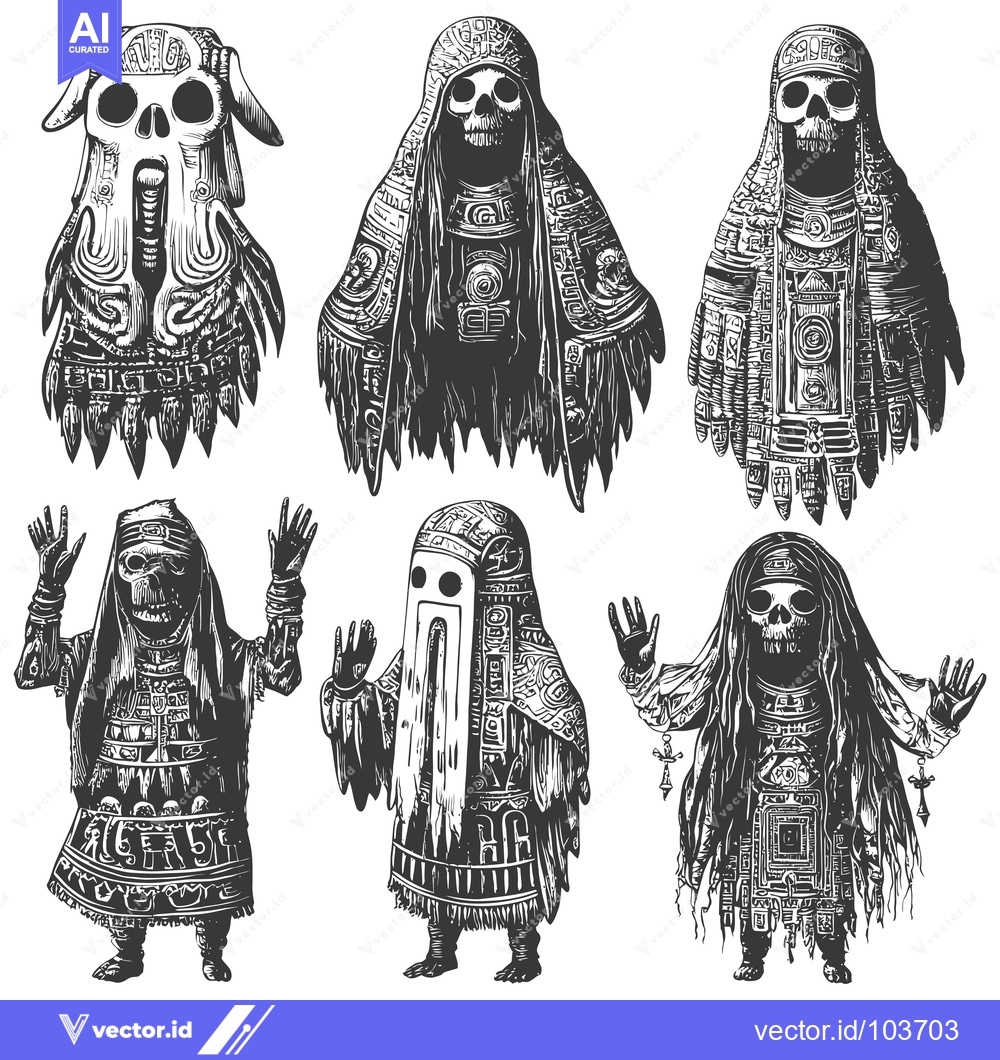 Premium Vector dari Six Ornate Skeleton Figures in Various Poses