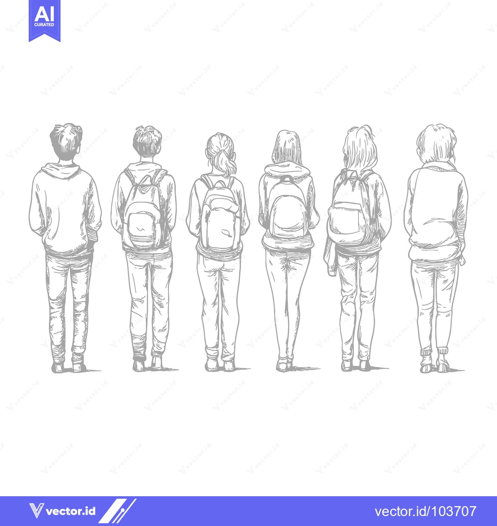 Premium Vector dari Six People Standing Back-to-Back with Backpacks
