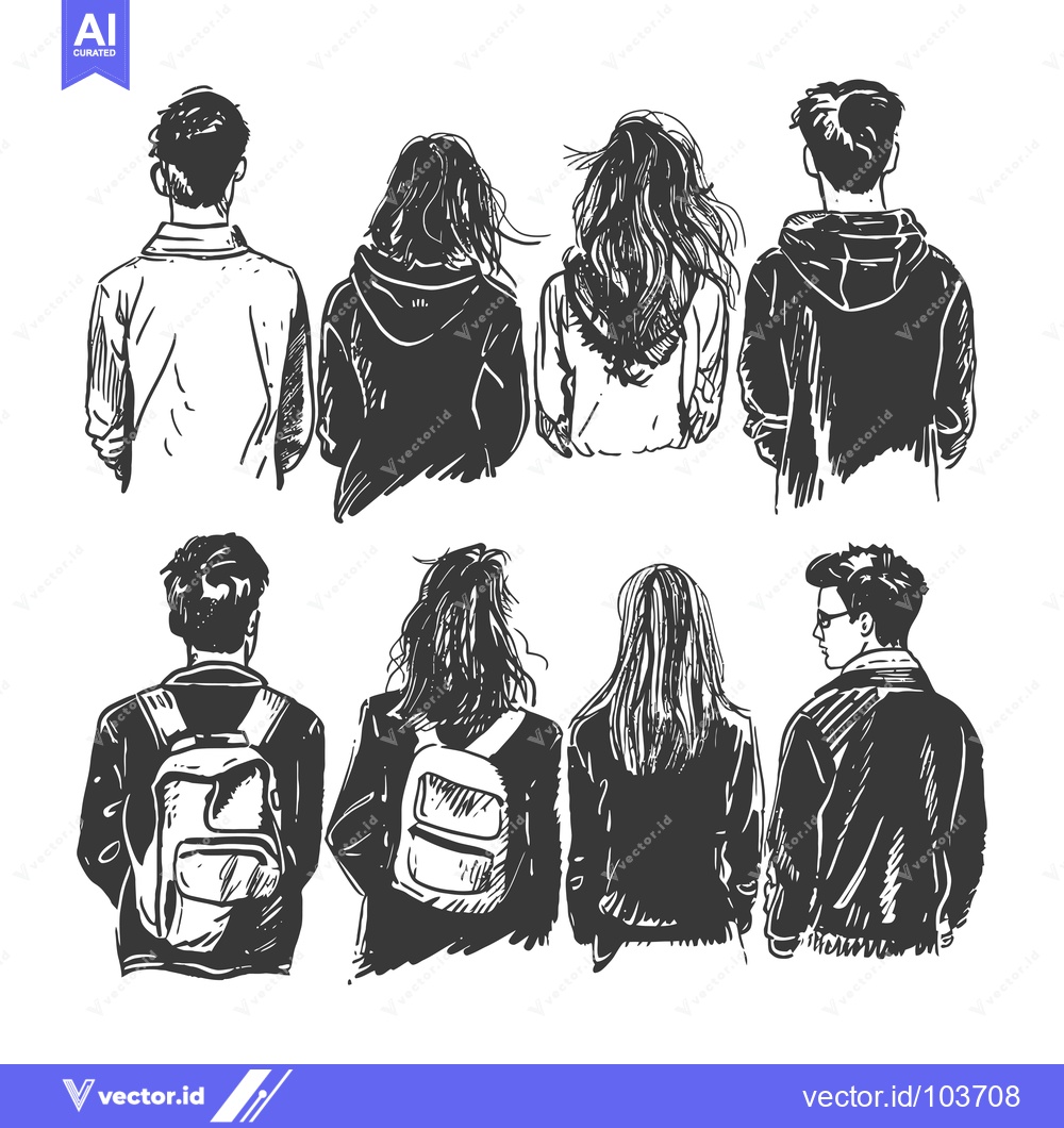 Premium Vector dari Six People Walking Away From The Viewer In A Hand Drawn Sketch