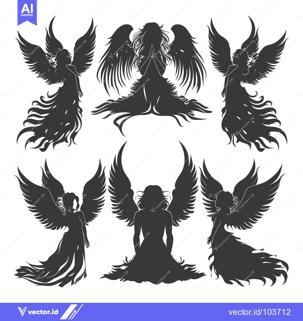 Premium Vector dari Six Silhouette Angels with Wings and Long Hair