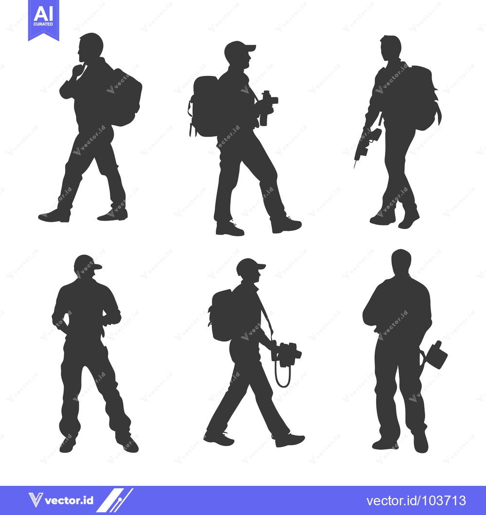 Premium Vector of Six Silhouette Figures of Hikers with Backpacks and Cameras