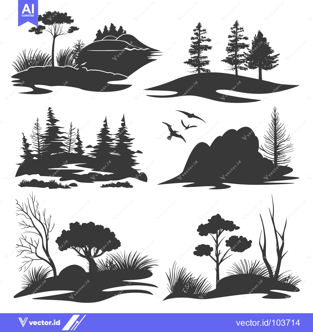 Premium Vector of Six Silhouette Illustrations of Diverse Landscapes Featuring Trees, Hi