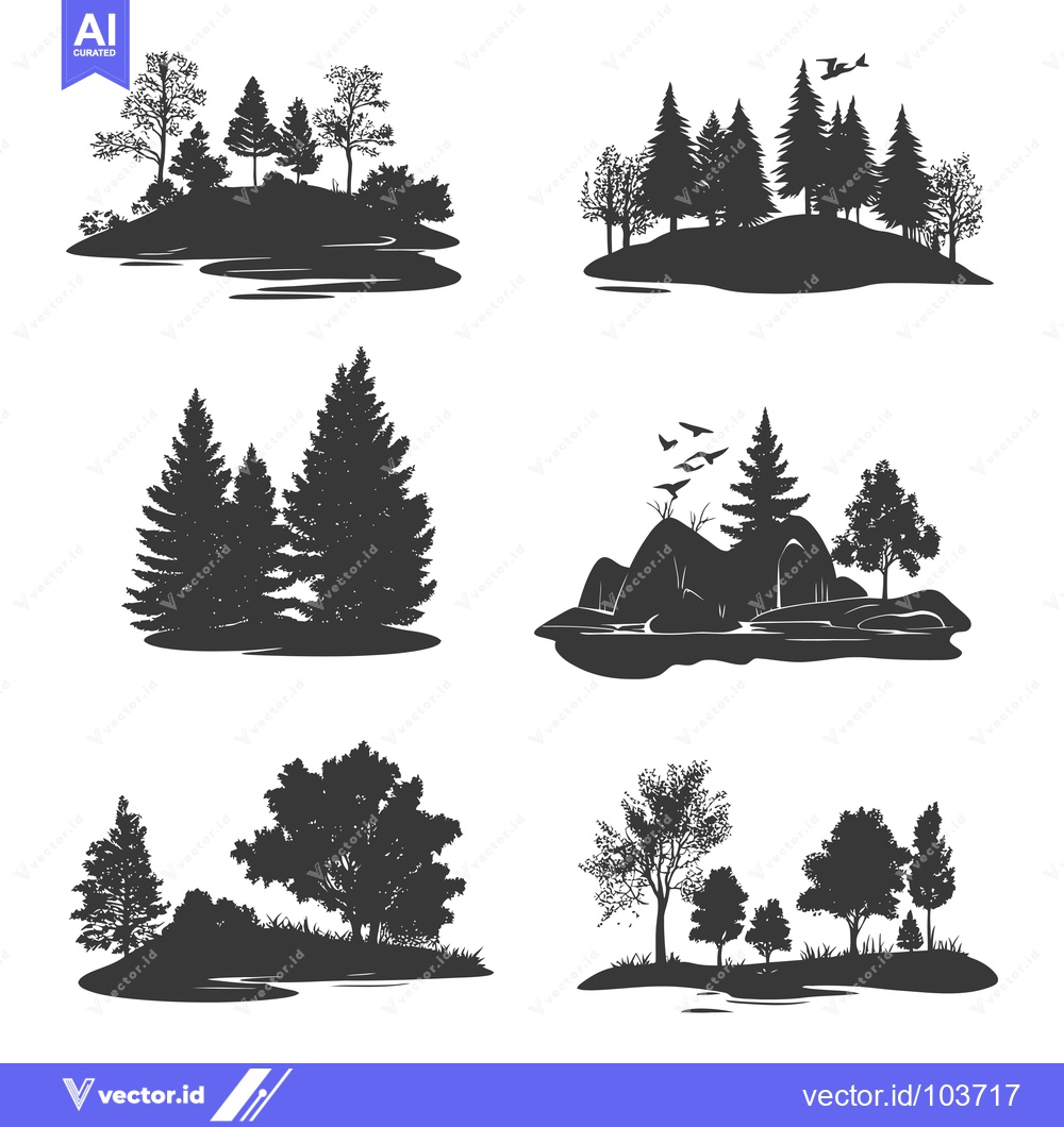 Premium Vector dari Six Silhouette Landscapes with Trees, Water, and Birds
