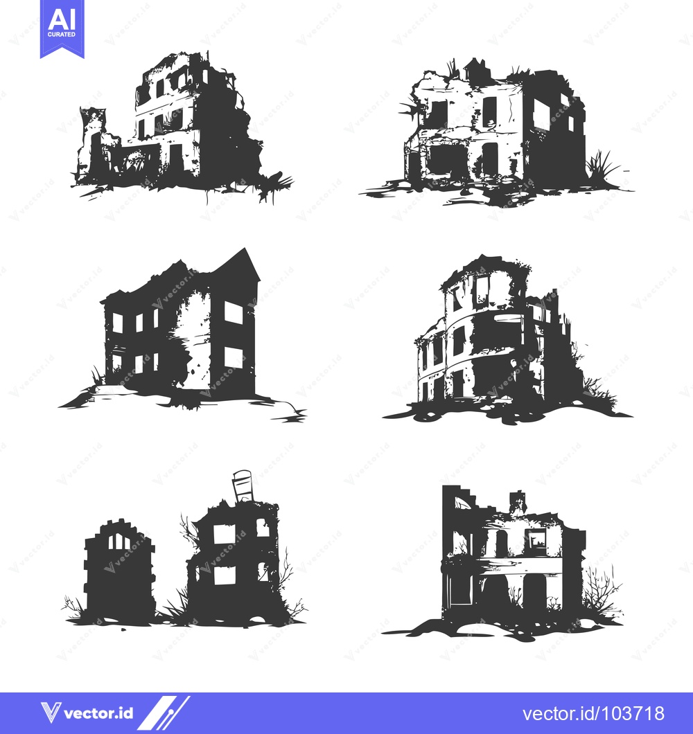 Premium Vector dari Six Silhouettes of Abandoned and Crumbling Buildings