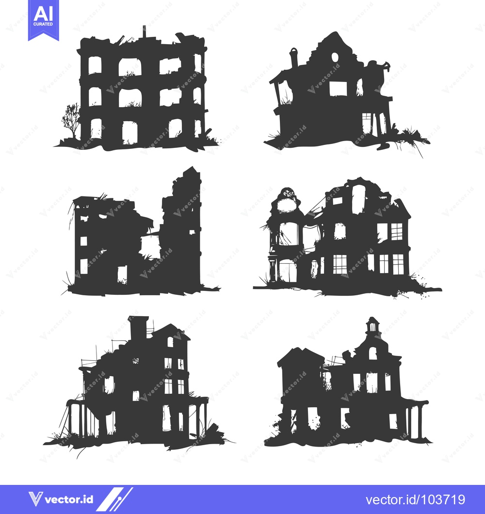 Premium Vector dari Six Silhouettes of Abandoned, Ruined Buildings