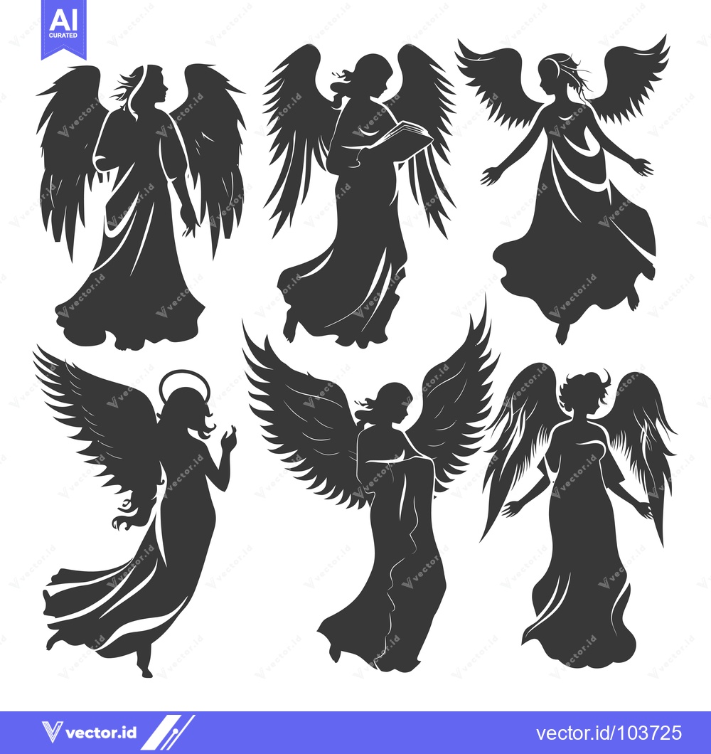 Premium Vector dari Six Silhouettes of Angels with Wings and Dresses