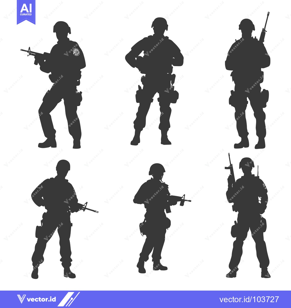Premium Vector dari Six Silhouettes of Armed Soldiers in Combat Gear