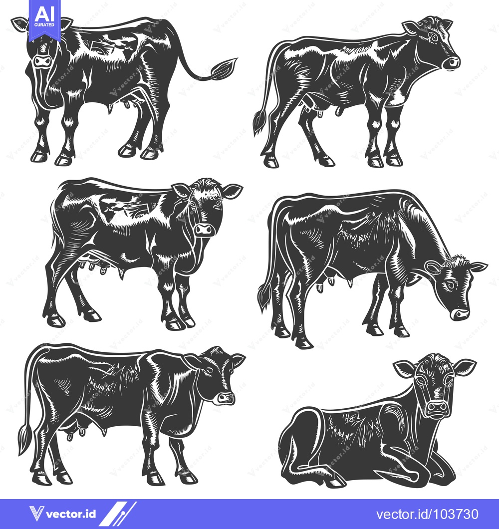 Premium Vector dari Six Silhouettes of Cows in Various Poses