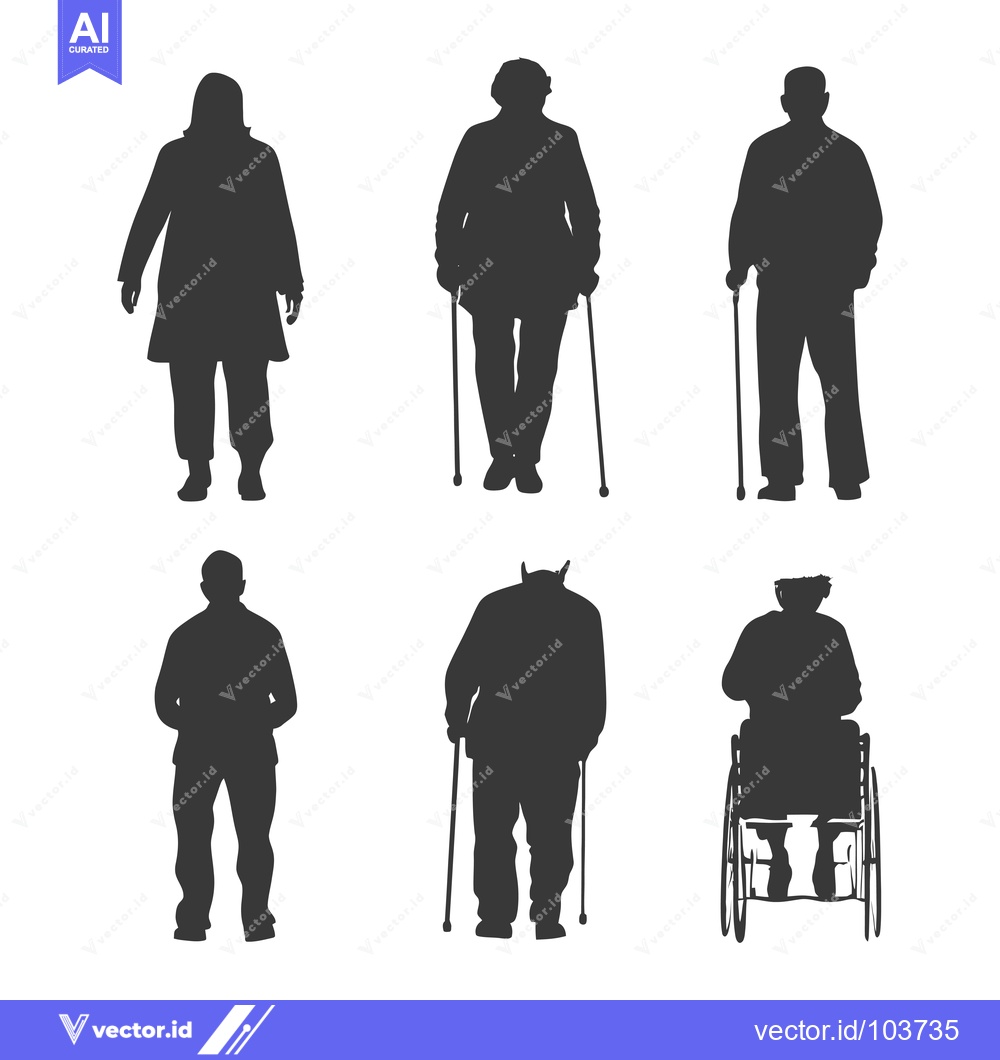 Premium Vector dari Six Silhouettes of Elderly People Walking and in a Wheelchair