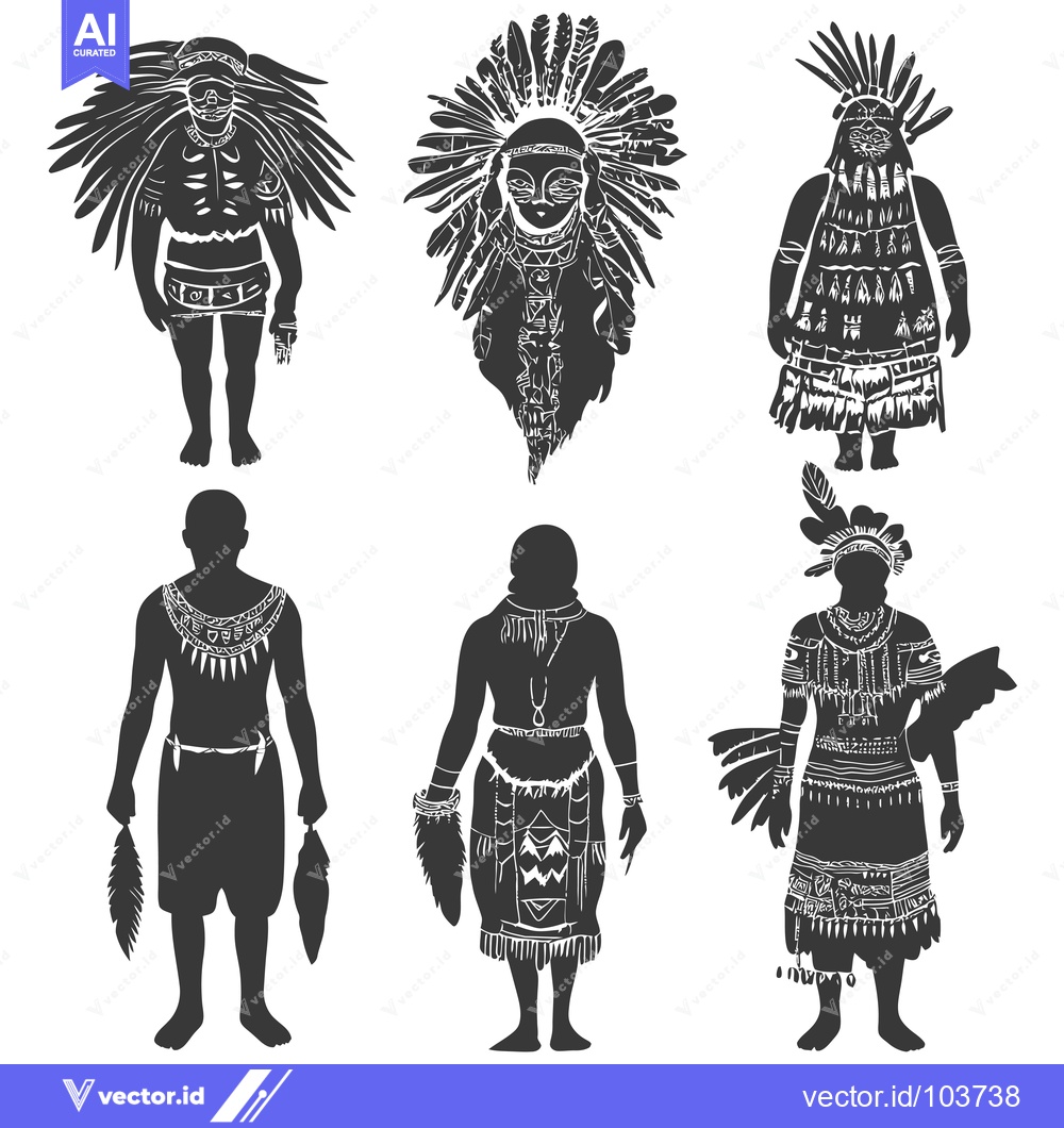 Premium Vector dari Six Silhouettes of Indigenous Peoples Wearing Traditional Clothing and