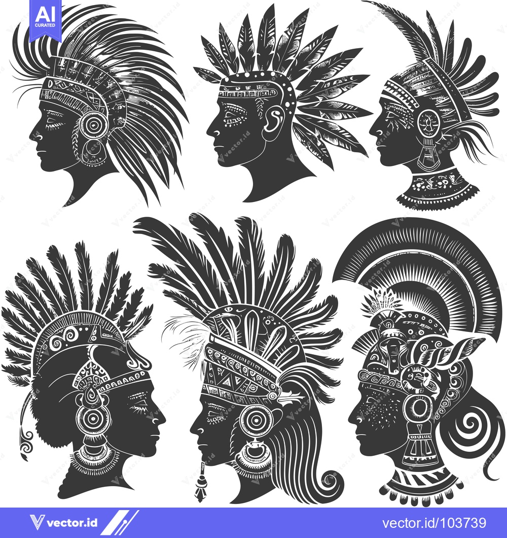 Premium Vector of Six Silhouettes of Indigenous People Wearing Traditional Headwear