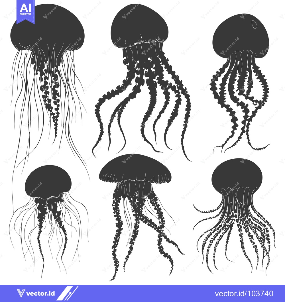 Premium Vector of Six Silhouettes of Jellyfish with Different Tentacle Shapes