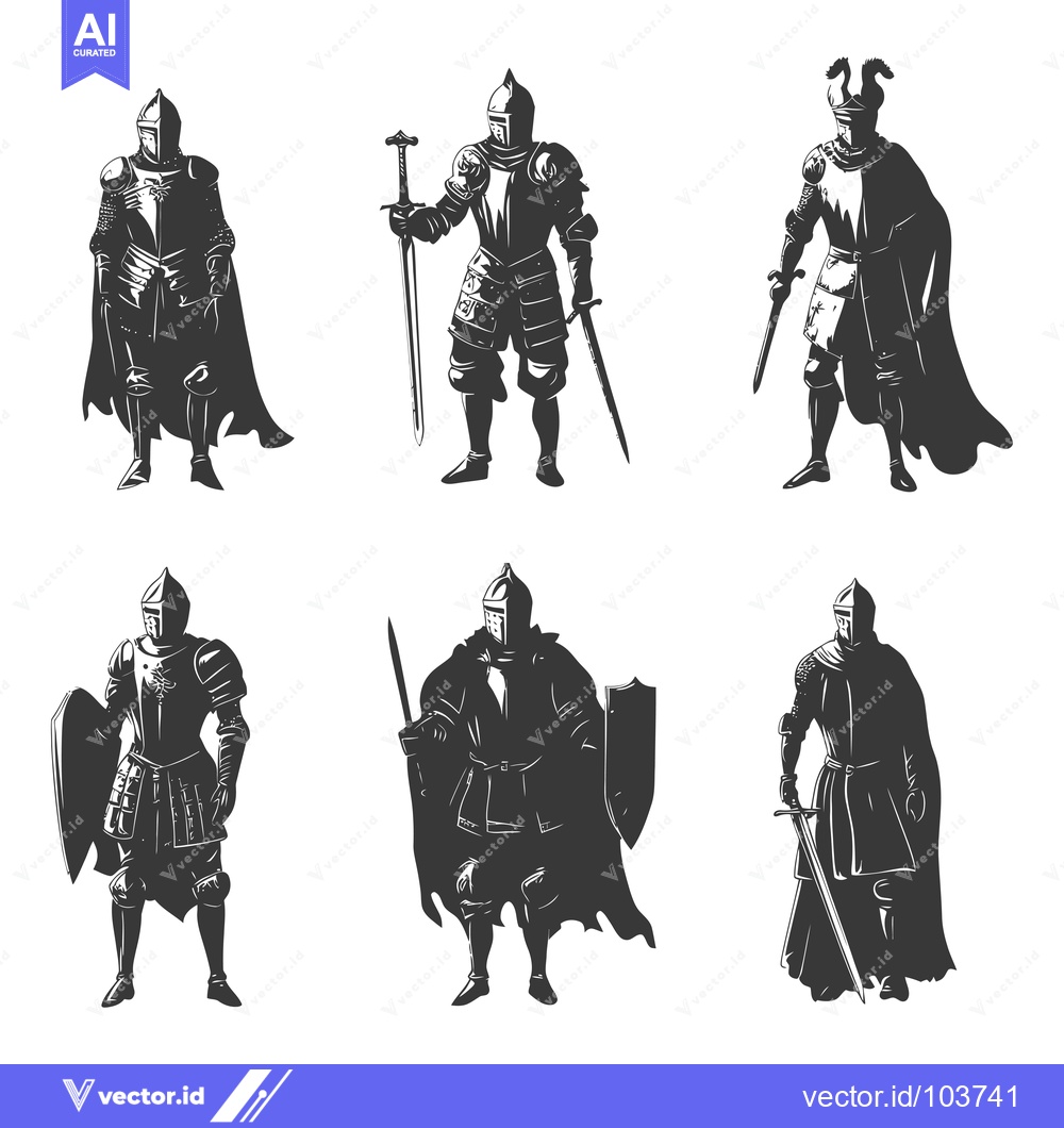 Premium Vector of Six Silhouettes of Medieval Knights in Full Armor