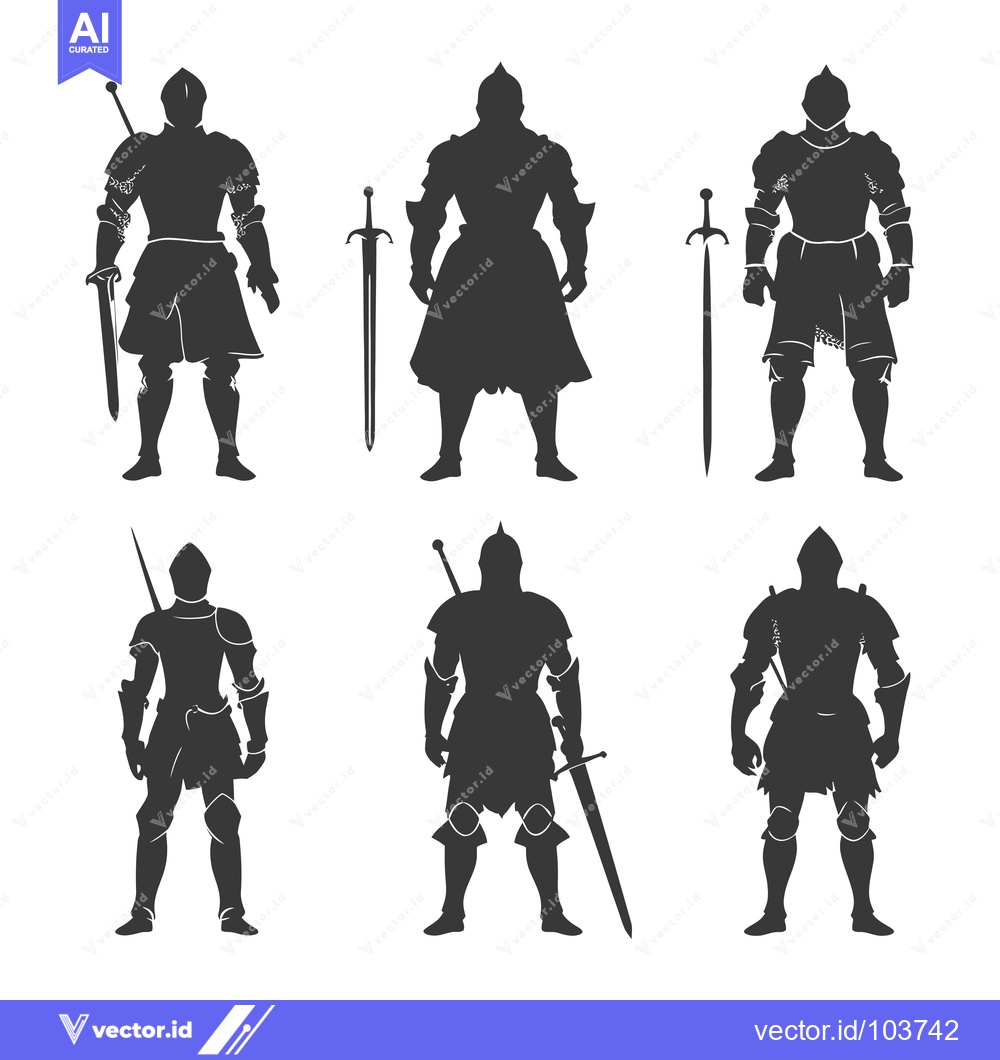 Premium Vector dari Six Silhouettes of Medieval Knights in Full Armor with Swords