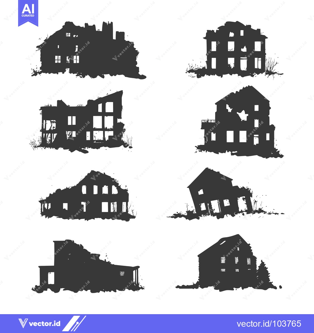 Premium Vector dari Six Silhouettes of Ruined and Abandoned Houses