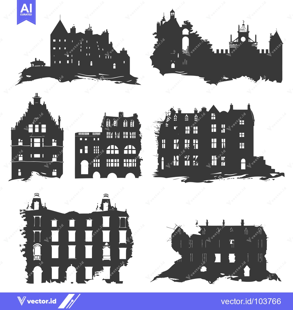 Premium Vector of Six Silhouettes of Ruined Buildings