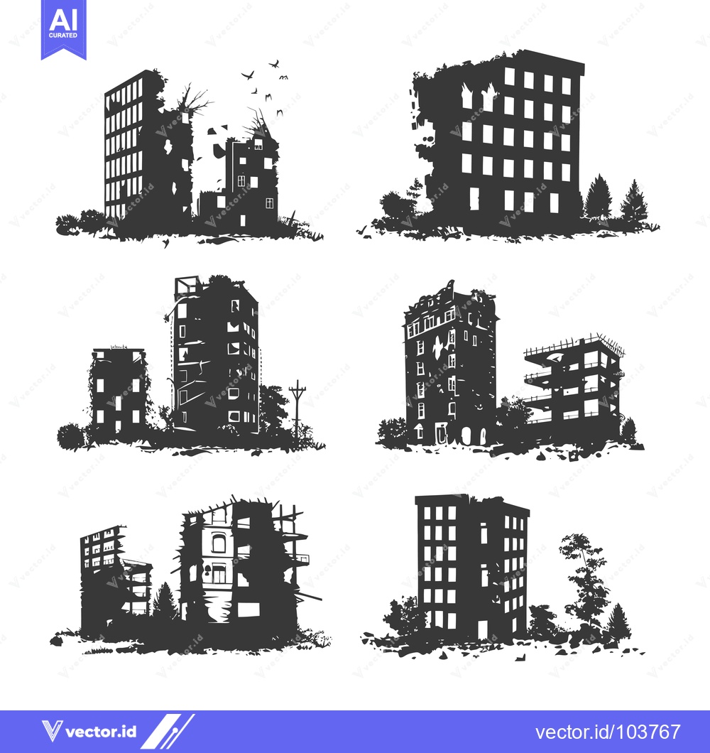 Premium Vector of Six Silhouettes of Ruined Buildings with Trees and Birds in Flight