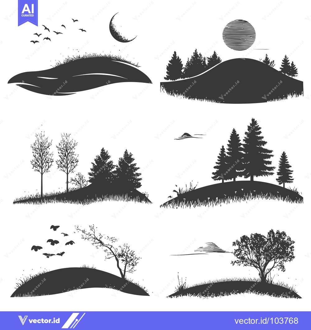 Premium Vector dari Six Silhouettes of Scenic Landscapes with Trees, Grass, Birds, and a M