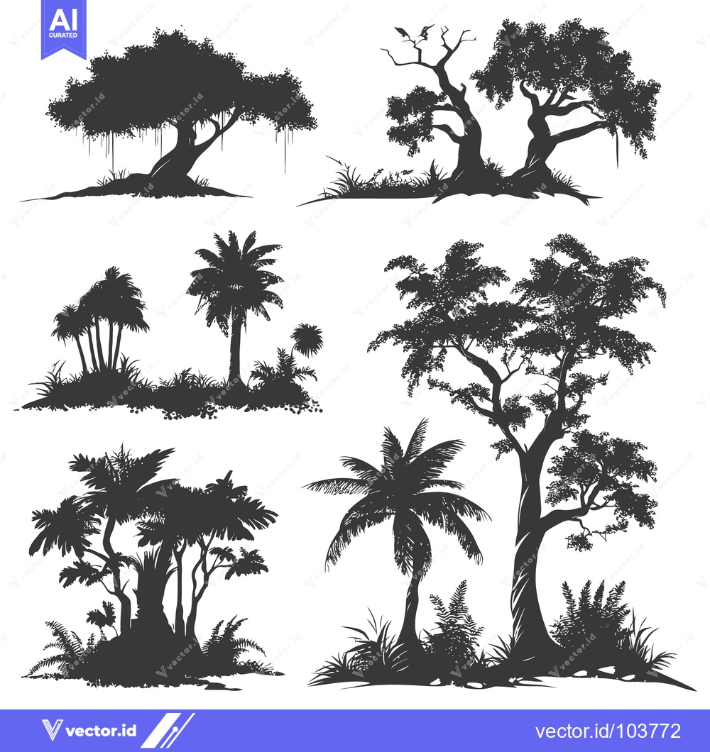 Premium Vector dari Six Silhouettes of Trees and Plants with a White Background