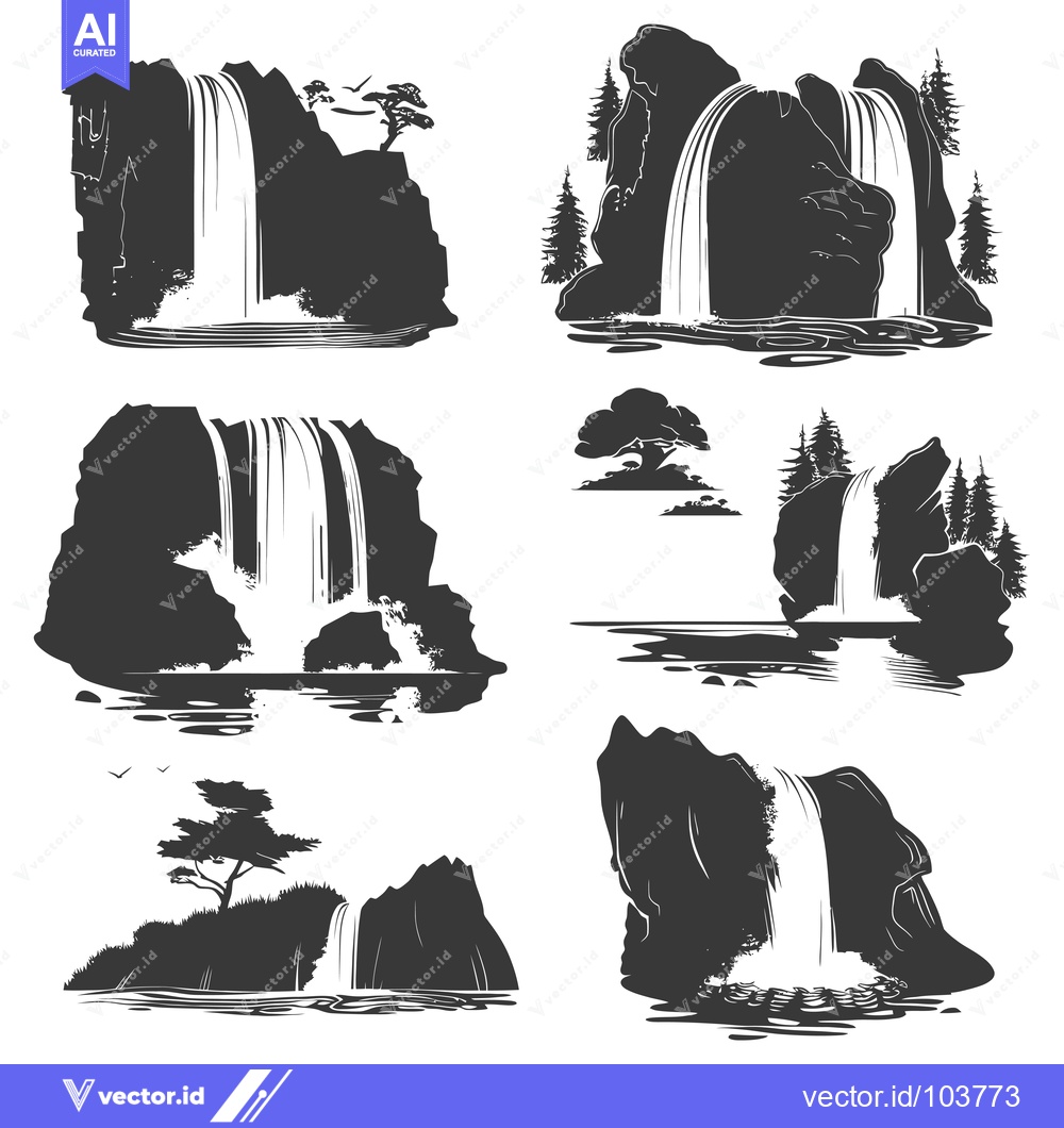 Premium Vector dari Six Silhouettes of Waterfalls Cascading Over Rocky Cliffs