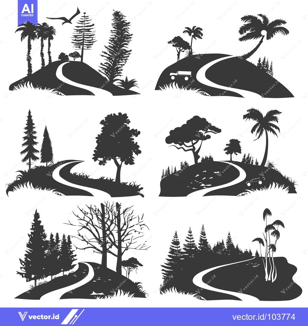 Premium Vector of Six Silhouettes of Winding Roads Through Diverse Landscapes