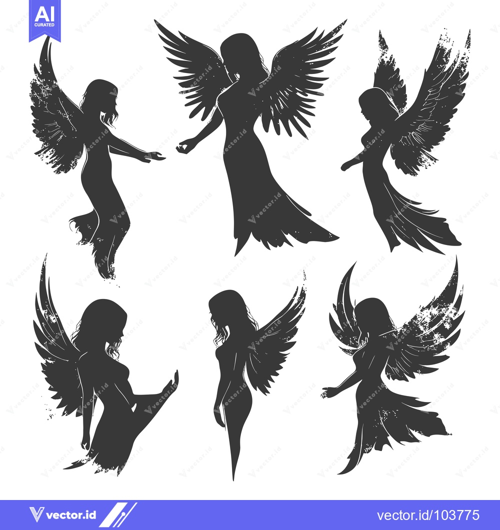 Premium Vector dari Six Silhouettes of Winged Female Figures with Grunge Texture