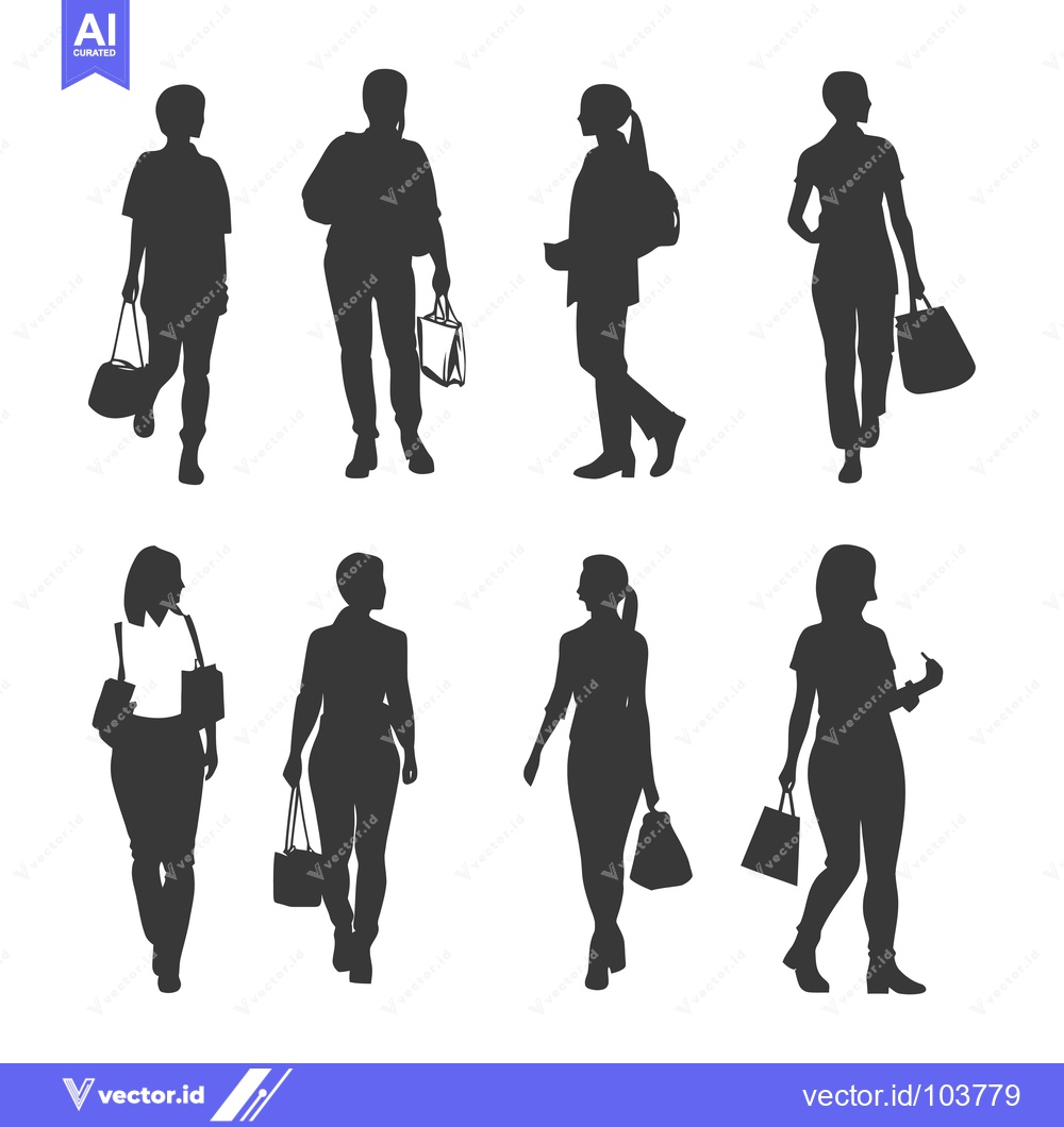 Premium Vector of Six Silhouettes of Women Walking with Bags