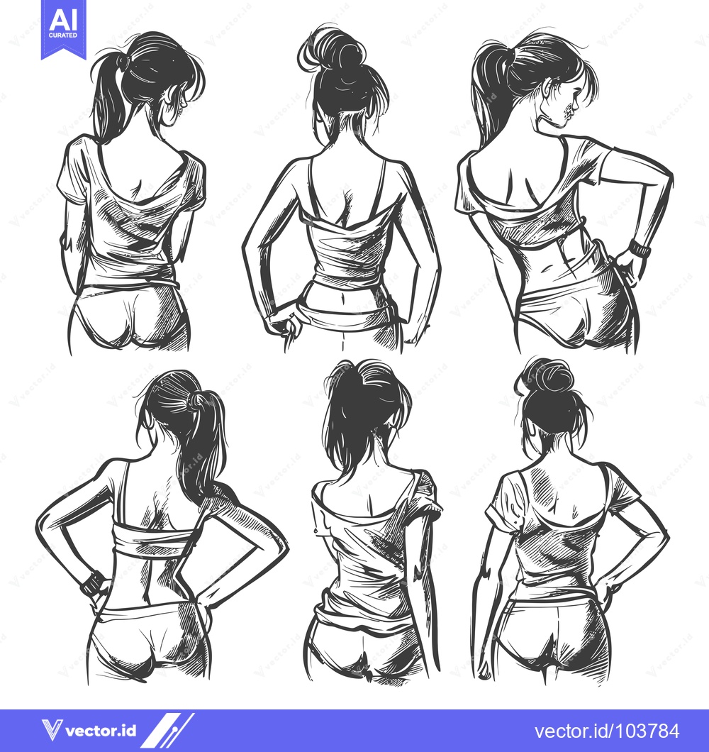 Premium Vector dari Six Sketch Drawings of Women from Behind Wearing Casual Clothing