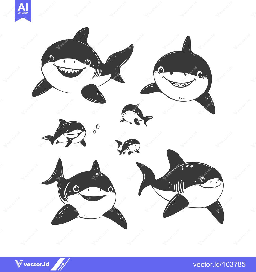 Premium Vector of Six Smiling Cartoon Sharks of Various Sizes
