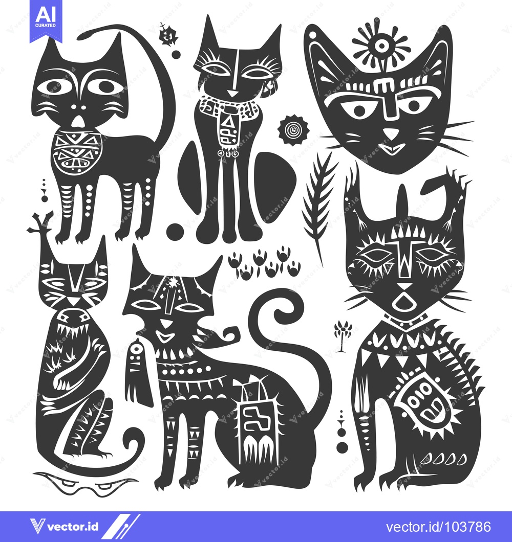 Premium Vector dari Six Stylized Black Cats with White Geometric Patterns on a White Backg