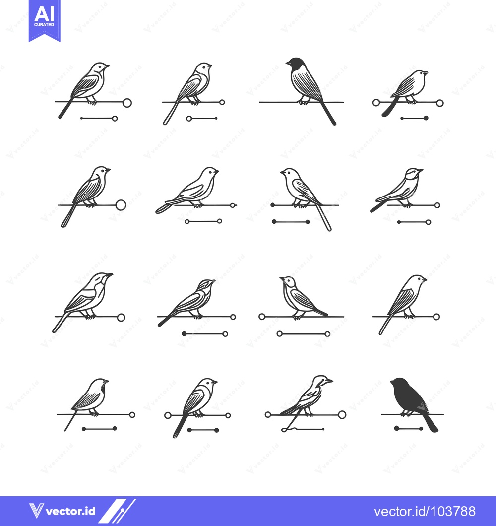 Premium Vector dari Sixteen Bird Illustrations in Black and White, Perched on Branches