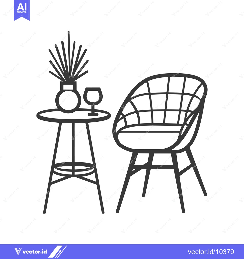 Premium Vector dari A black and white illustration of a table, chair, and vase with plant.