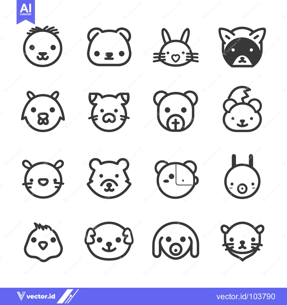 Premium Vector dari Sixteen Black and White Cartoon Animal Heads