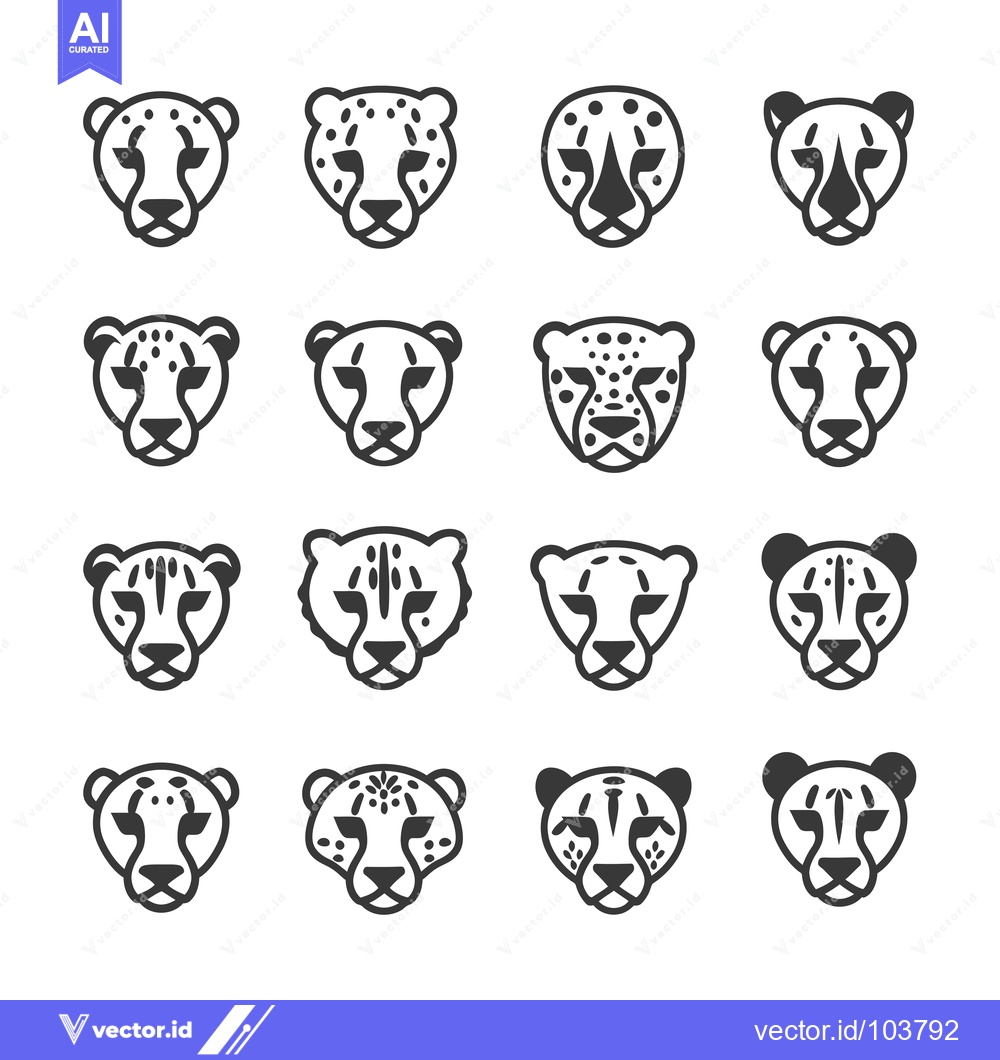 Premium Vector of Sixteen Black and White Cheetah Head Icons with Variations in Spotting